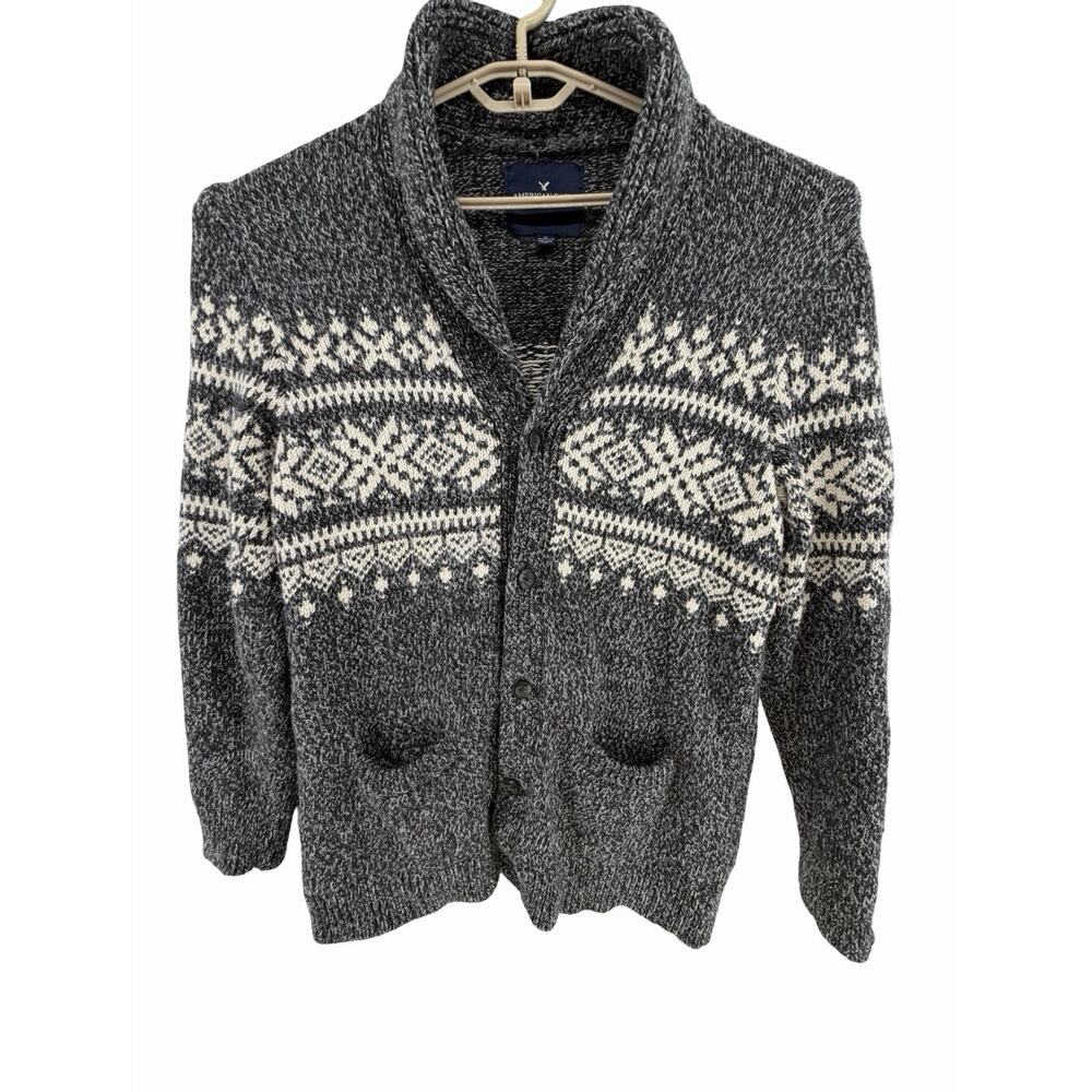 American Eagle Shawl Collar Cardigan Mens XL TALL Gray Nordic Wool Blend Cabin